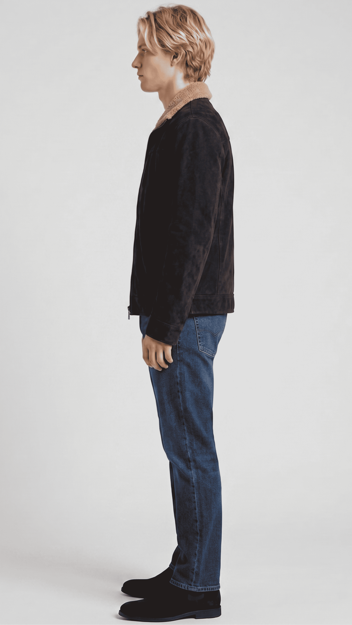 Heavy-duty and cozy cocoa brown suede jacket with full inner shearling insulation, perfect for extreme cold weather.