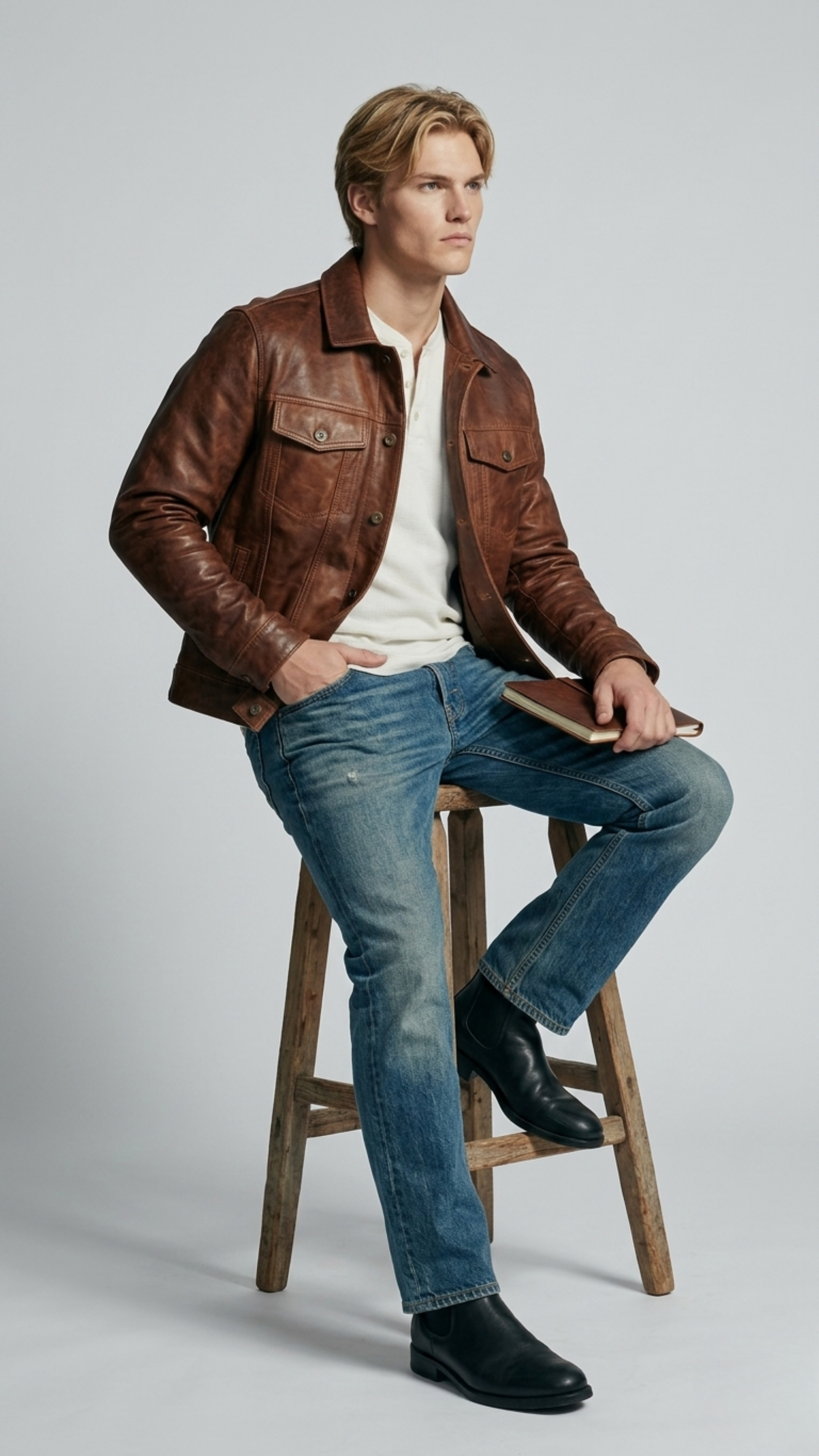 Urban lifestyle photography featuring a heritage-inspired men's winter outfit styled with a rugged dark tan distressed leather jacket.