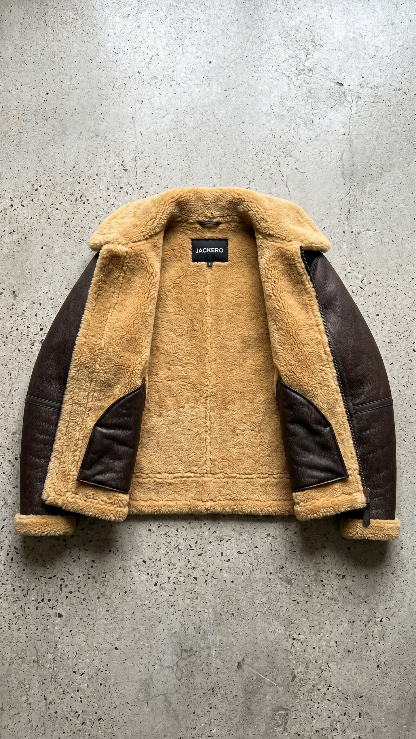 Jackero dark brown leather aviator jacket with authentic tan shearling insulation.