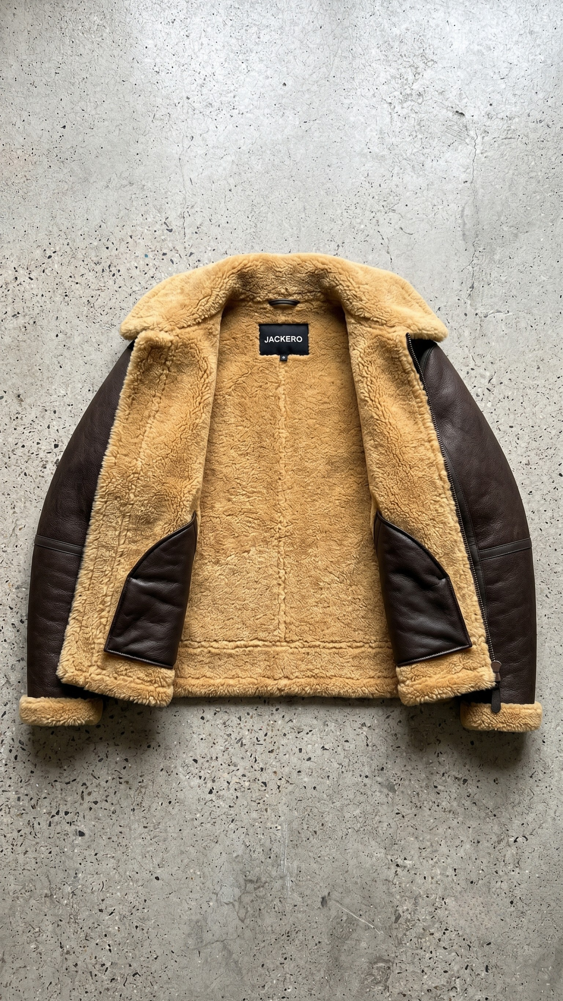 Jackero dark brown leather aviator jacket with authentic tan shearling insulation.