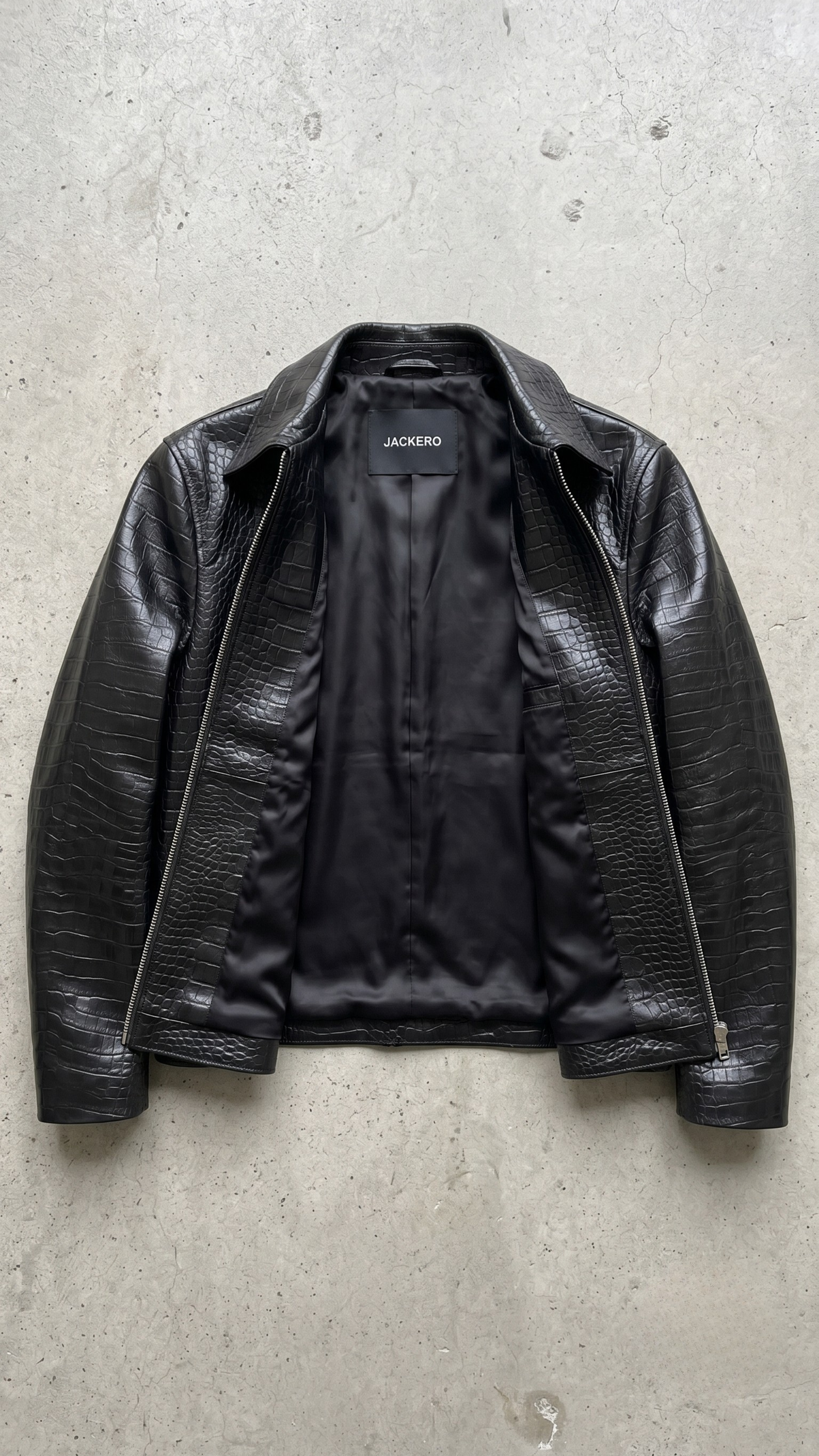 Premium men's black textured leather jacket by jackero for casual wear and winter fashion lookbook.