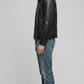 Jackero black crocodile texture leather jacket highlighting the clean shoulder fit.