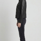 the symmetric chest flap pockets, sharp point collar, and precise stitching of a premium black leather jacket.