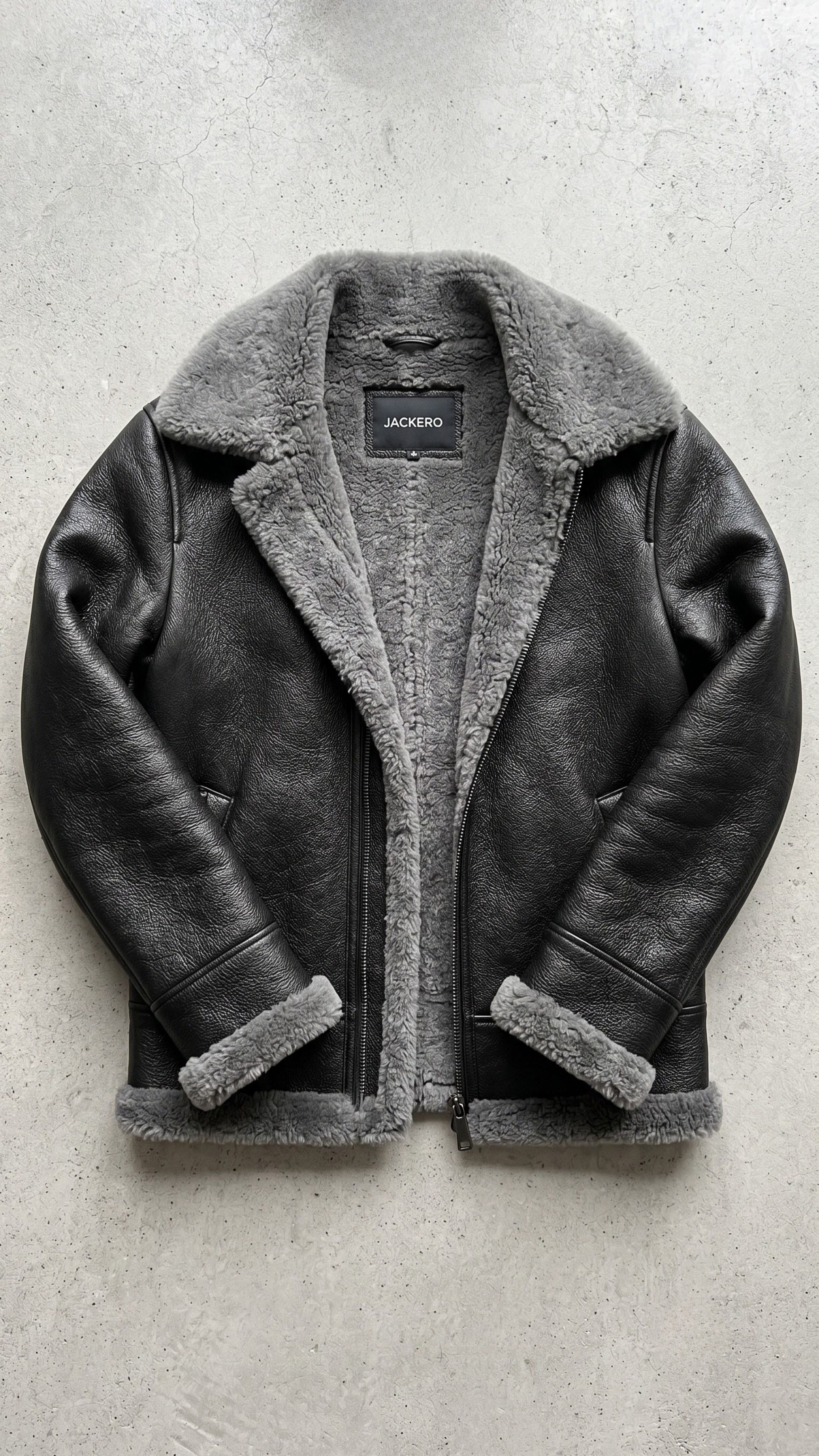 a black leather jacket highlighting the grain texture, heavy-duty zipper hardware, and thick grey shearling lining.