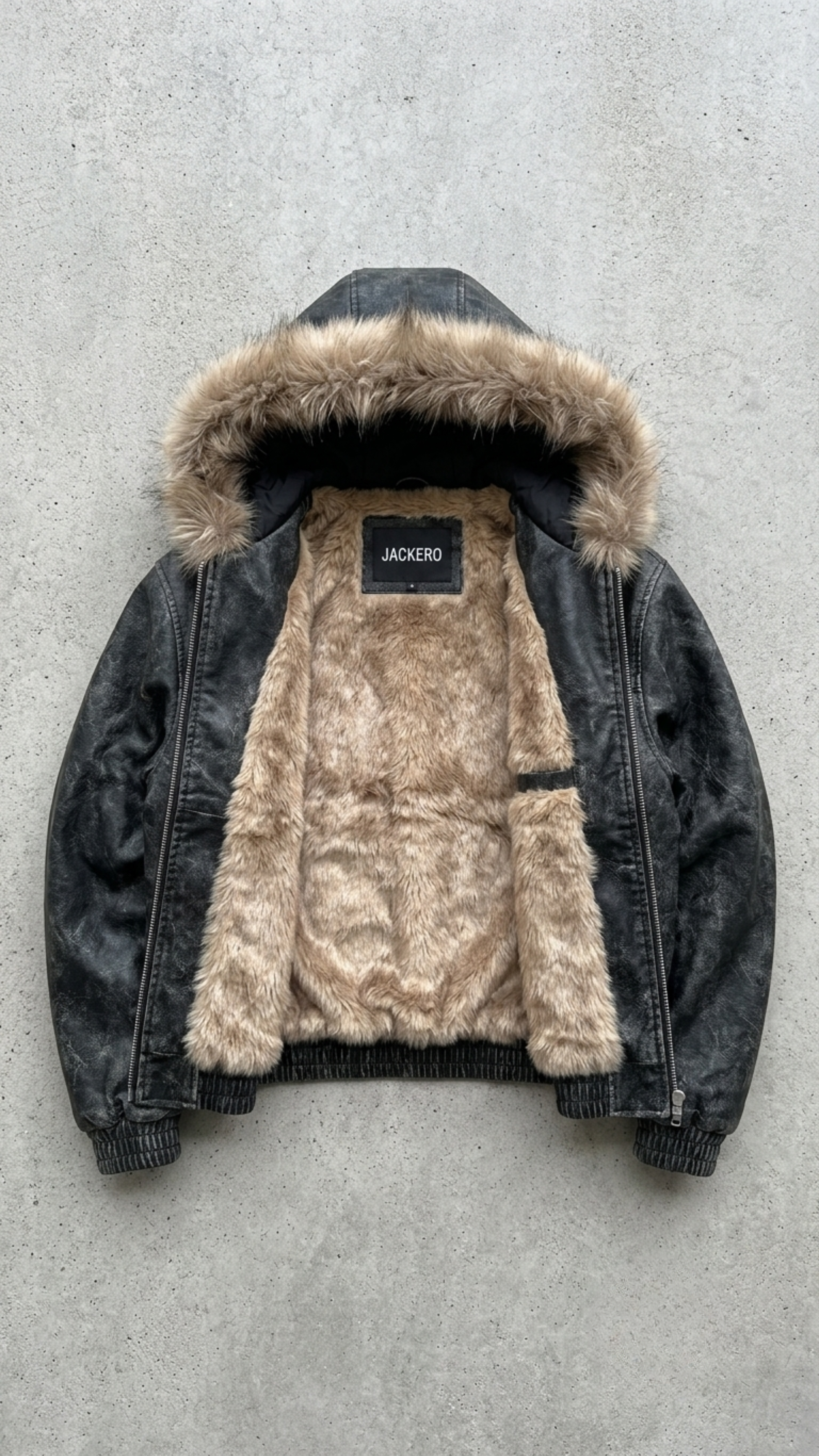 a high-quality men's black distressed leather jacket with fur hood on a light grey background.