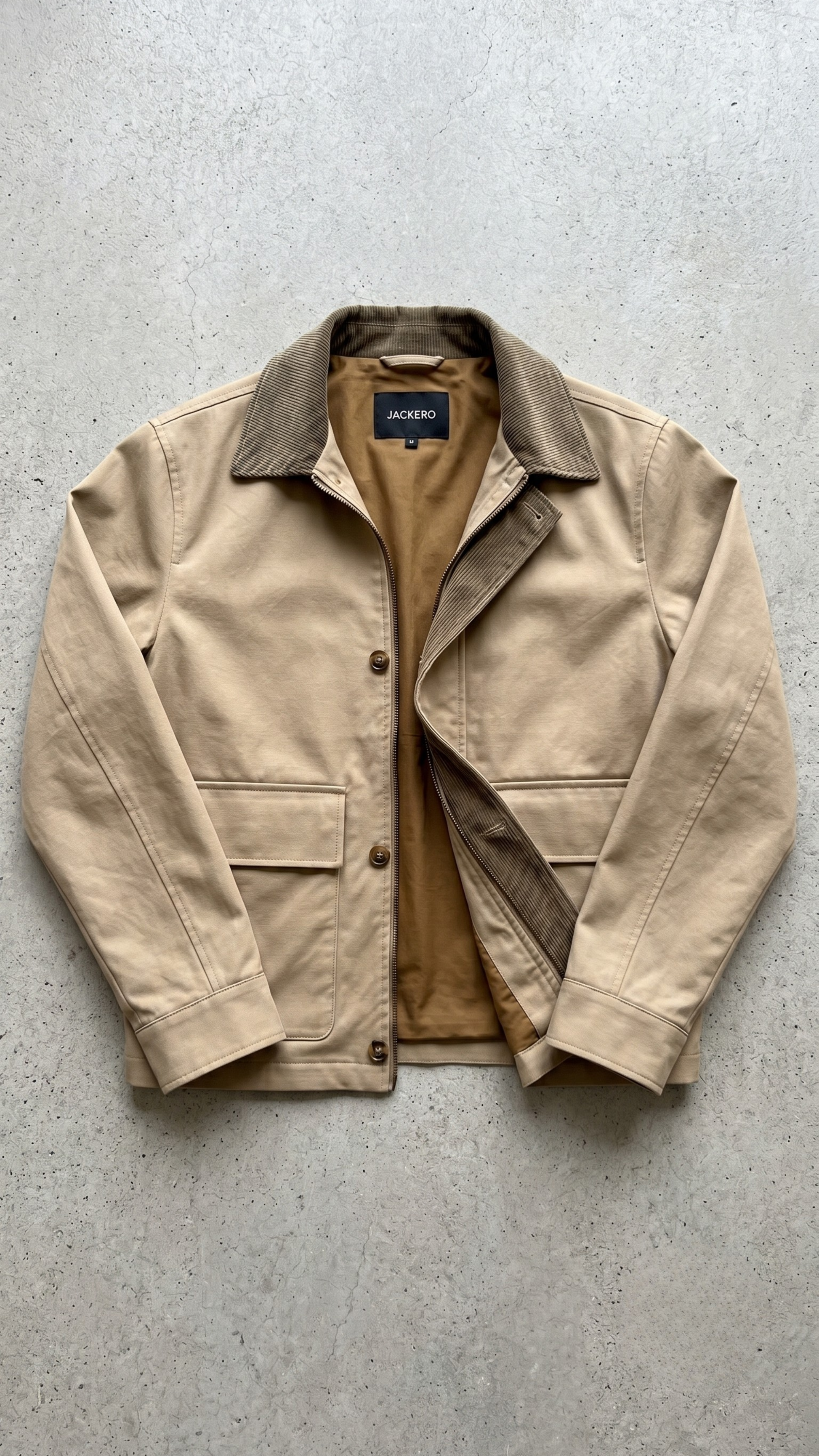 Beige jacket with brown collar and interior on a gray background