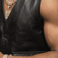 Close-up shot showcasing the sleek premium black leather texture and tightly stitched matching front buttons on a luxury vest.