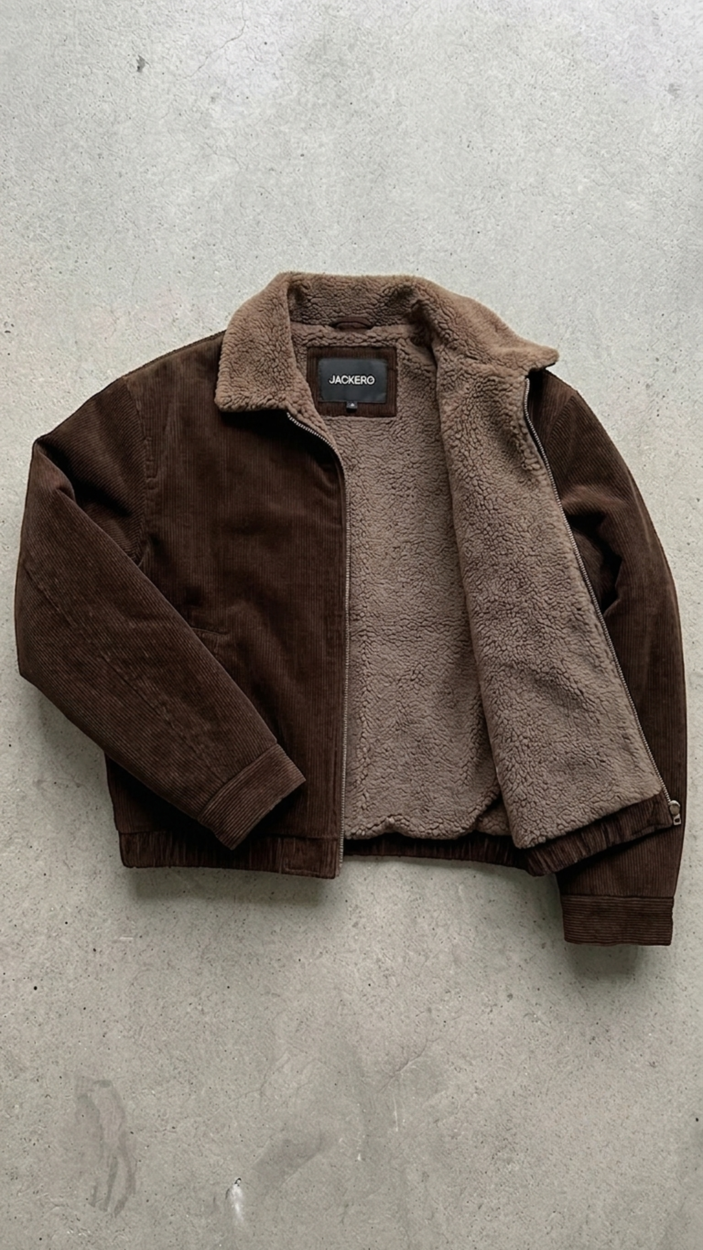 dark brown suede jacket highlighting the premium soft texture, heavy-duty zipper, and warm brown shearling trim.