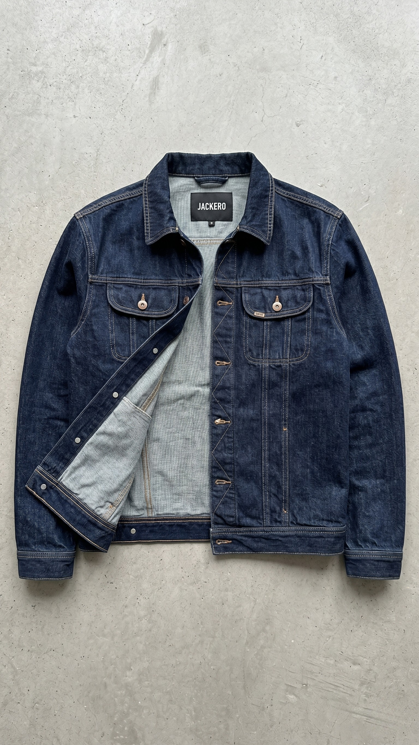 Blue denim jacket on a gray concrete surface