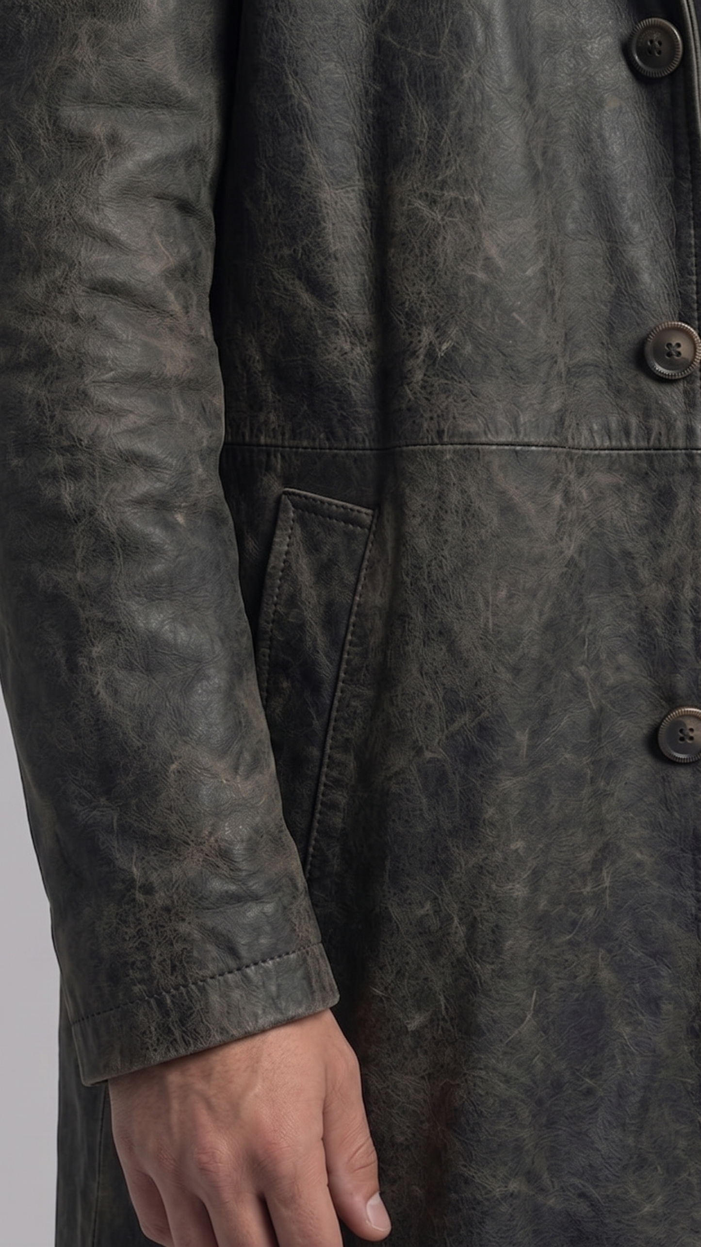Close-up shot showing the rugged, weathered texture of dark grey distressed leather and premium heavy-duty stitching on a trench coat.