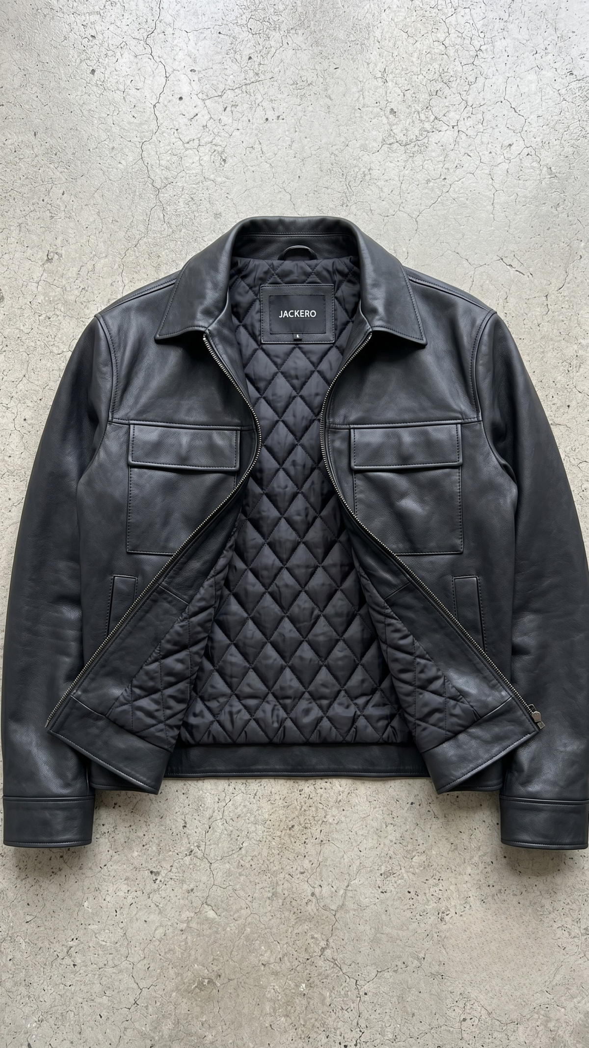 Premium dark black genuine leather bomber jacket by JACKERO displayed in professional studio lighting for an e-commerce catalog.