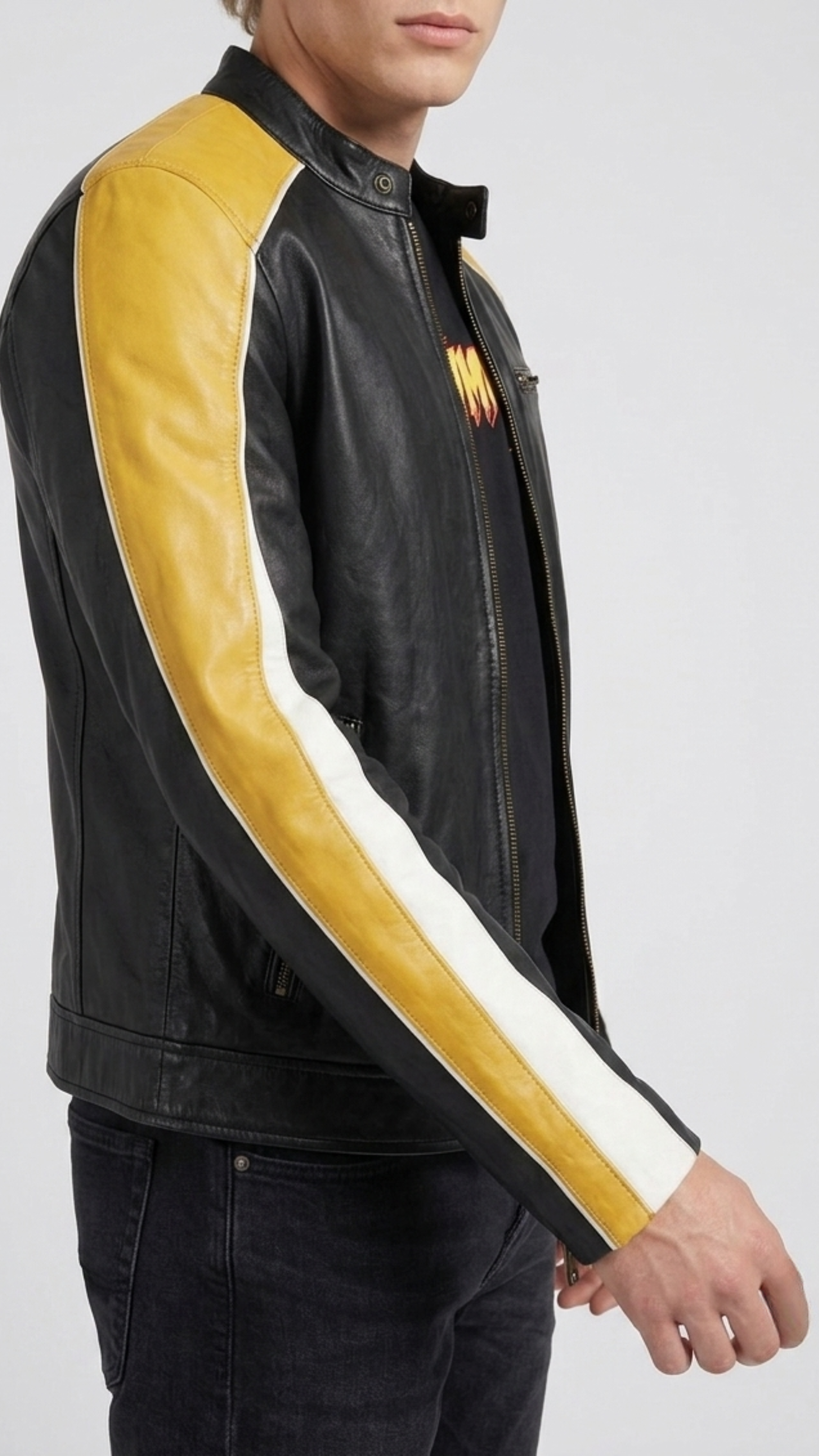 Close-up shot highlighting the sleek snap-button cafe racer collar and smooth heavy-duty front zipper closure.