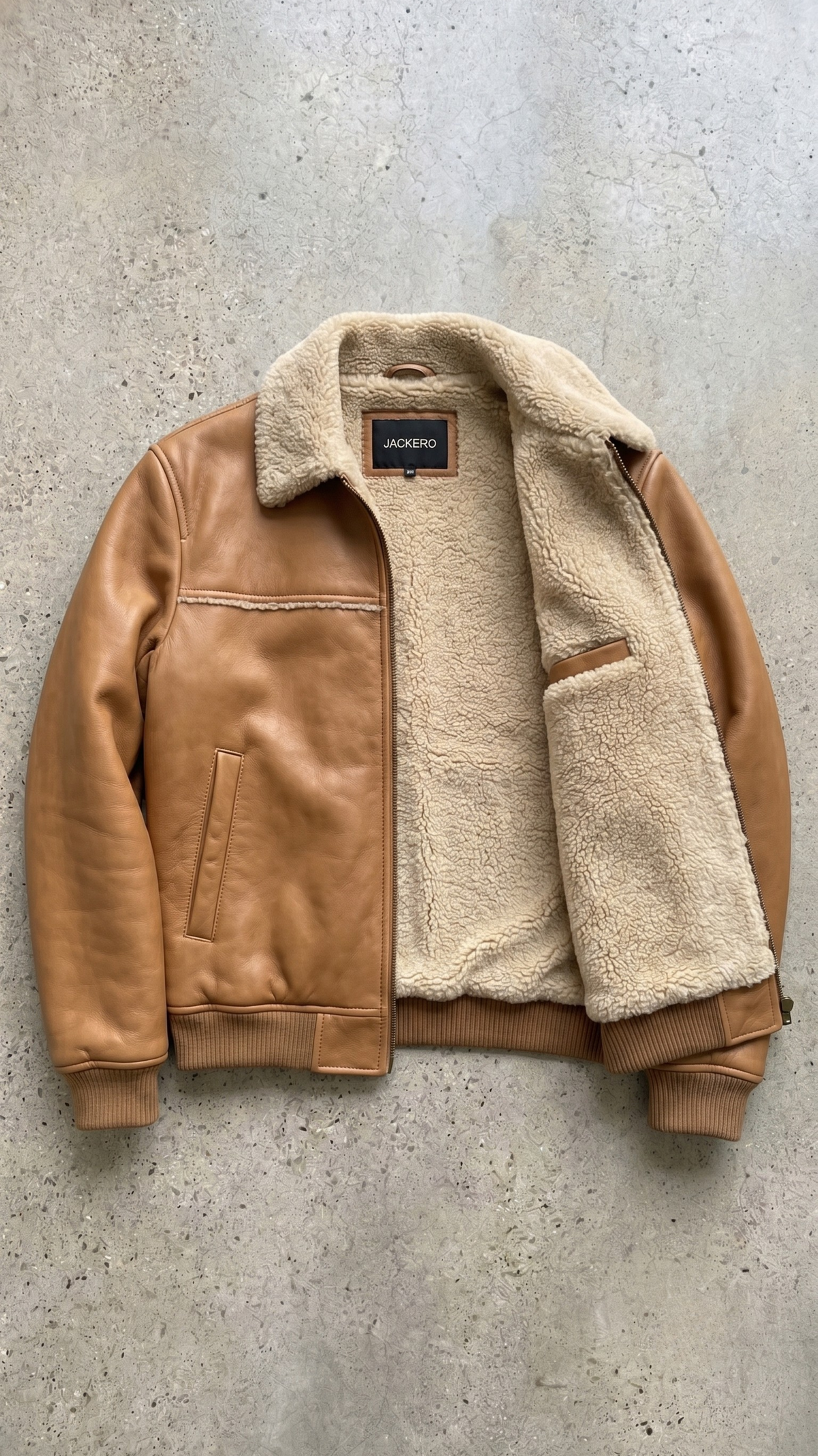 high-quality tan leather texture with plush cream faux fur lining and sturdy silver zippers.