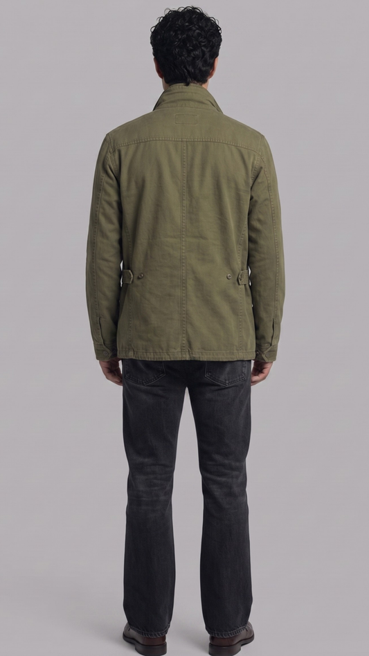 Regular fit olive utility outerwear layered perfectly over a casual sweater for a clean urban streetwear aesthetic.