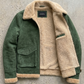 high-quality soft olive green suede fabric texture and plush cream fur lining."