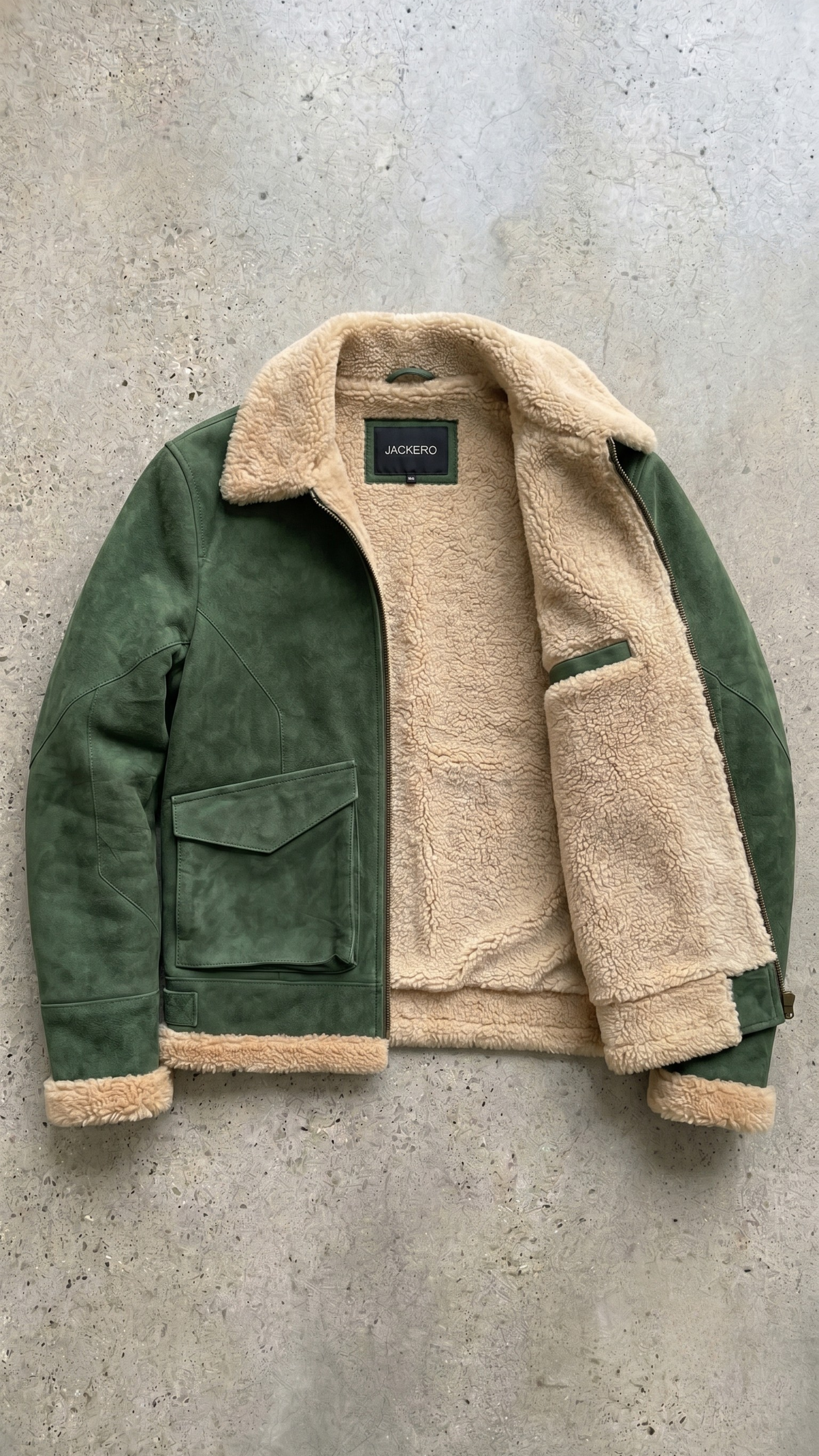 high-quality soft olive green suede fabric texture and plush cream fur lining."