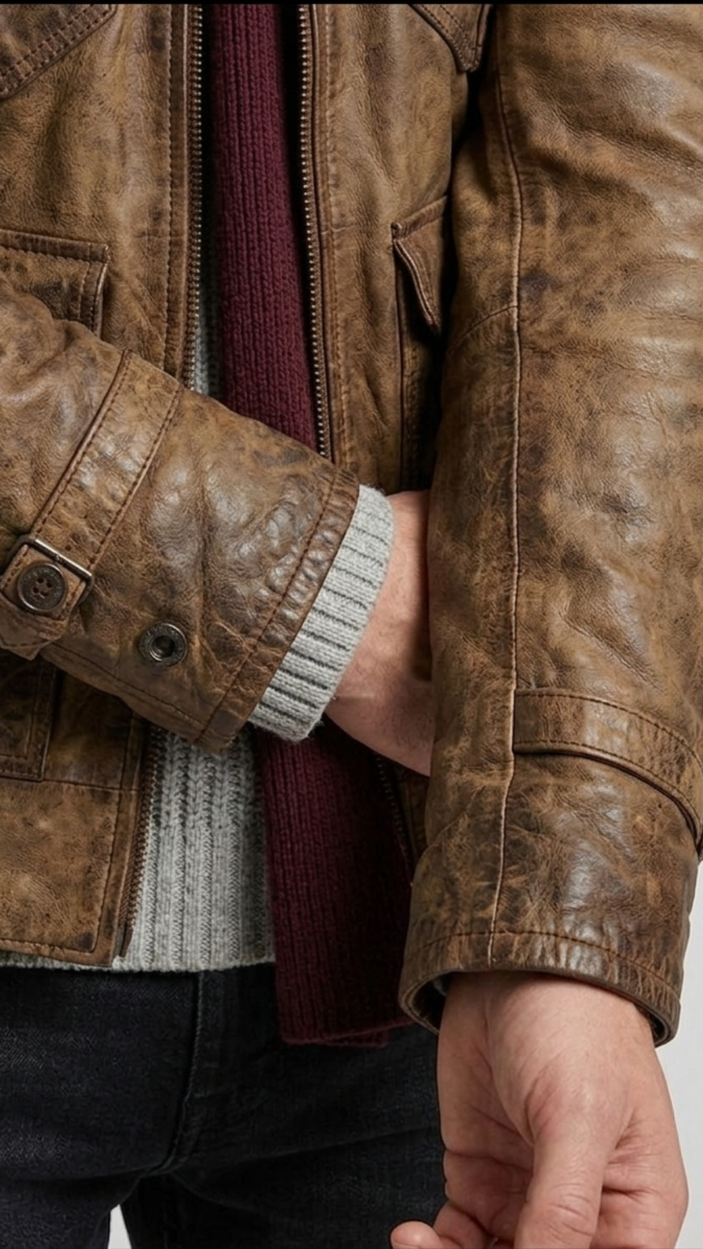 Close-up shot highlighting the unique weathered grain and distressed texture of high-quality brown leather with antique hardware details.
