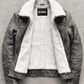 Jackero dark grey distressed leather outerwear with plush white shearling collar on a studio backdrop.