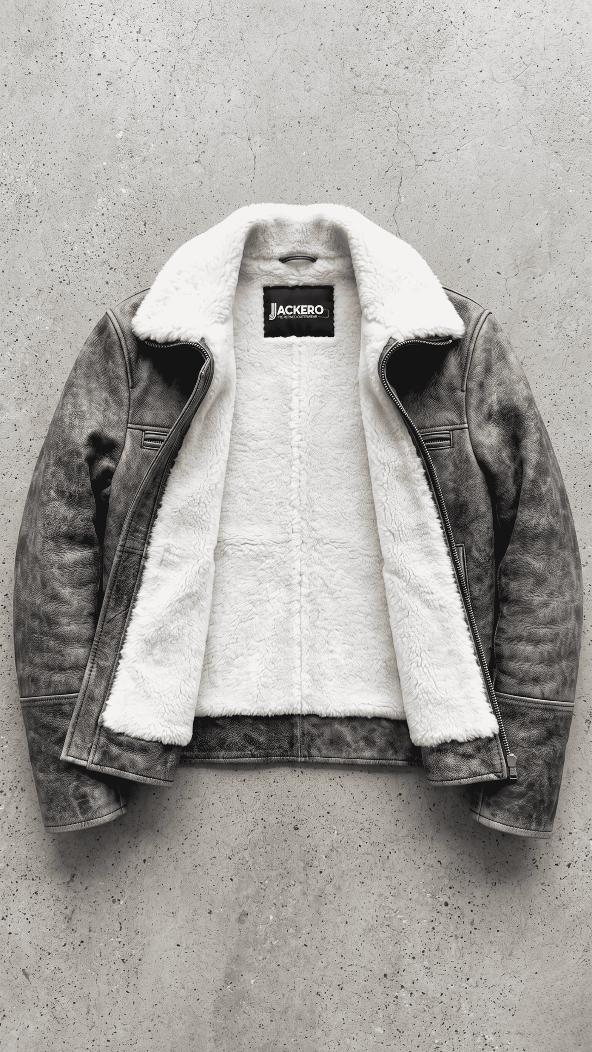 Jackero dark grey distressed leather outerwear with plush white shearling collar on a studio backdrop.