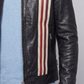 Close-up shot showing the high-quality stitching and retro stripe pattern on the sleeve of a premium black leather jacket.
