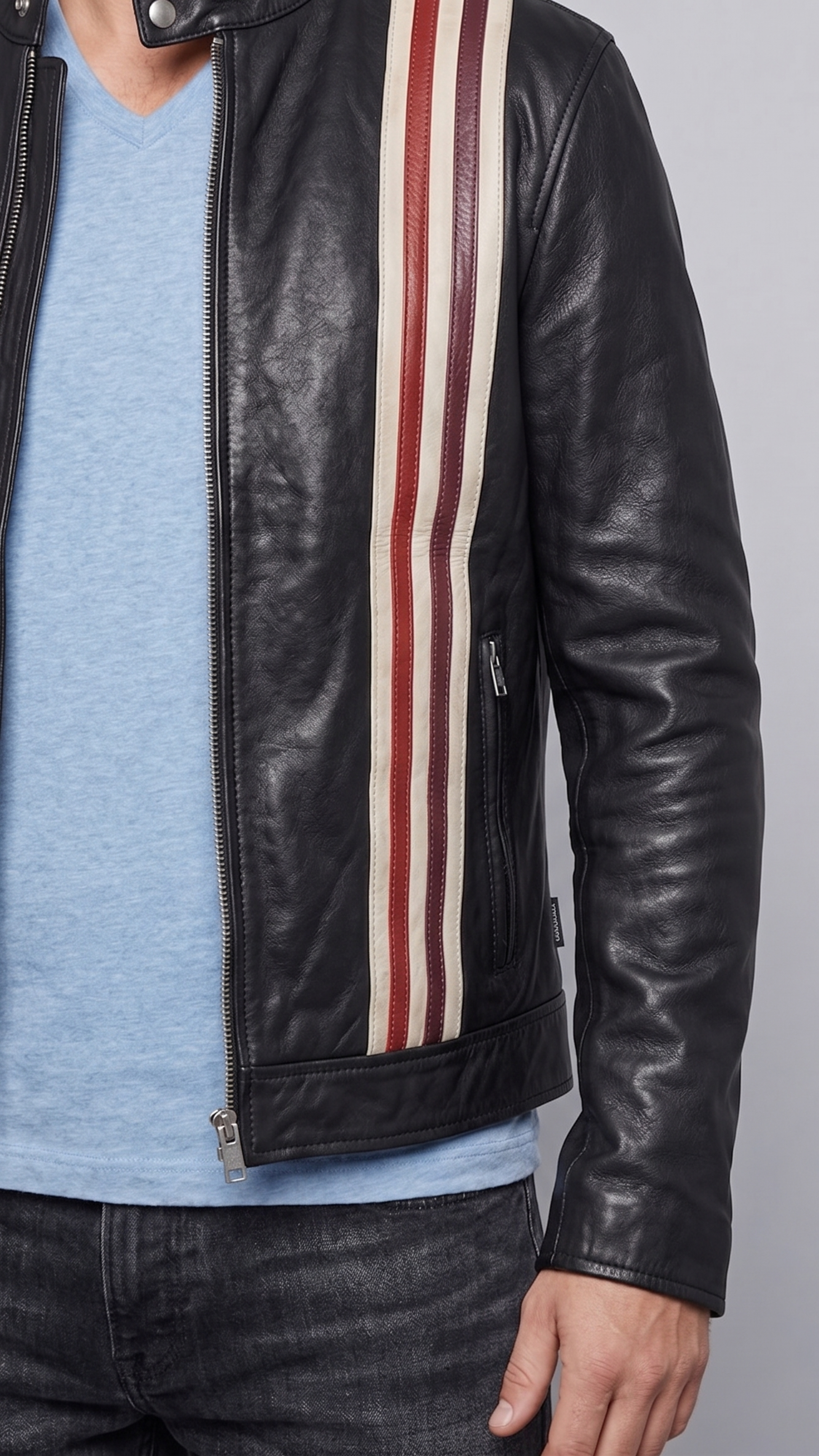 Close-up shot showing the high-quality stitching and retro stripe pattern on the sleeve of a premium black leather jacket.