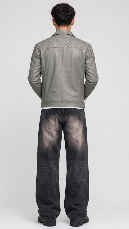 Men's contemporary urban streetwear fashion featuring a JACKERO tailored grey leather jacket styled for an upscale casual look.