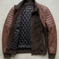 Jackero jacket flat lay photography of a luxury chocolate brown quilted suede leather coat displayed on a solid neutral studio background.
