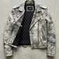 Streetwear fashion lookbook featuring a premium off-white black vintage leather jacket on a light grey background.