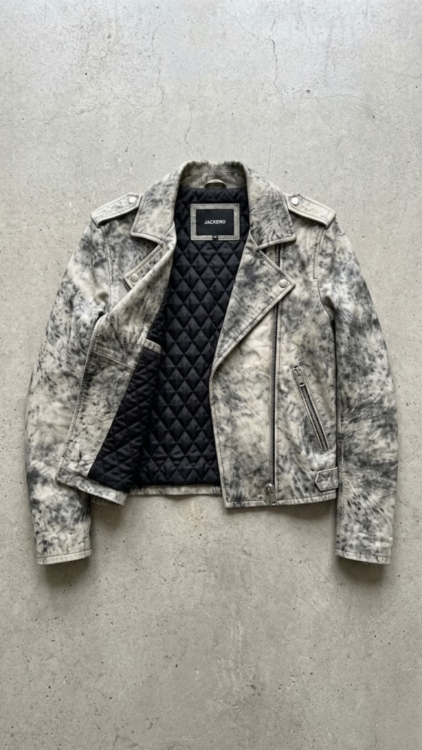 Streetwear fashion lookbook featuring a premium off-white black vintage leather jacket on a light grey background.