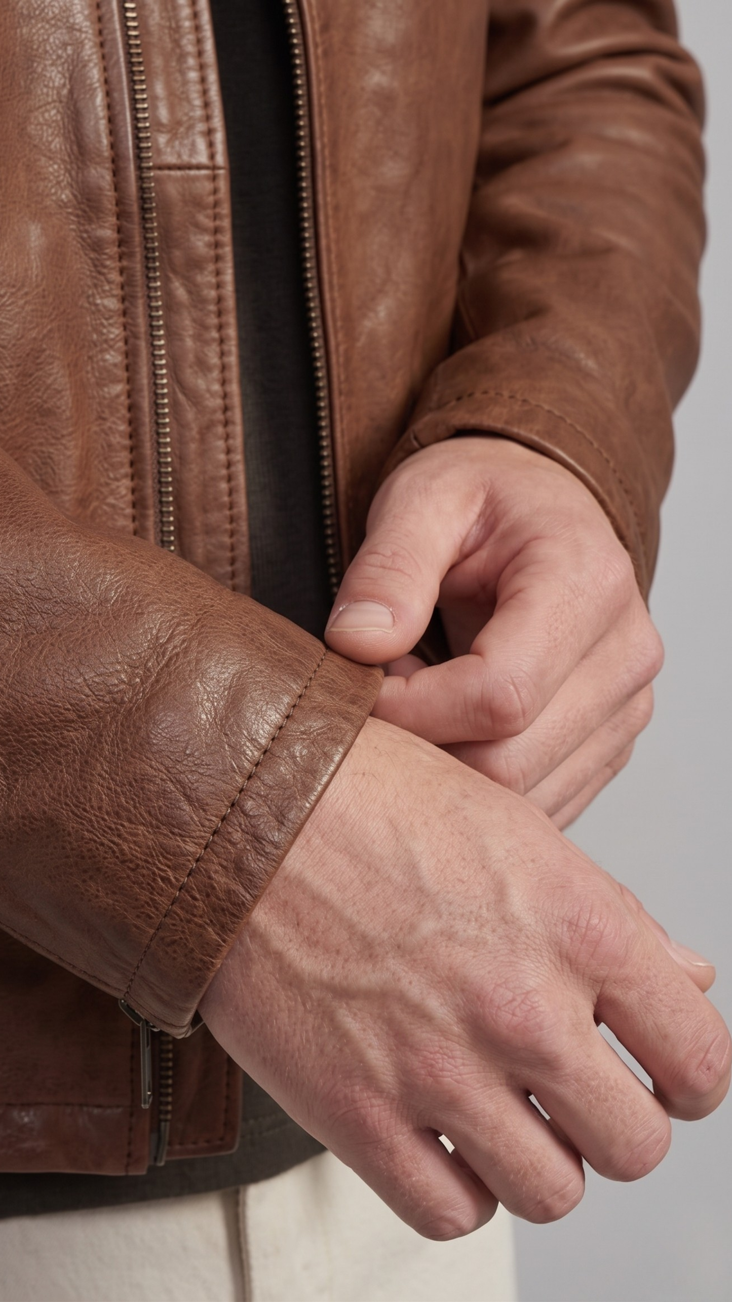 Close-up macro shot showcasing the rich natural grain, unique earthy undertones, and precise stitching on a premium brown genuine leather jacket.