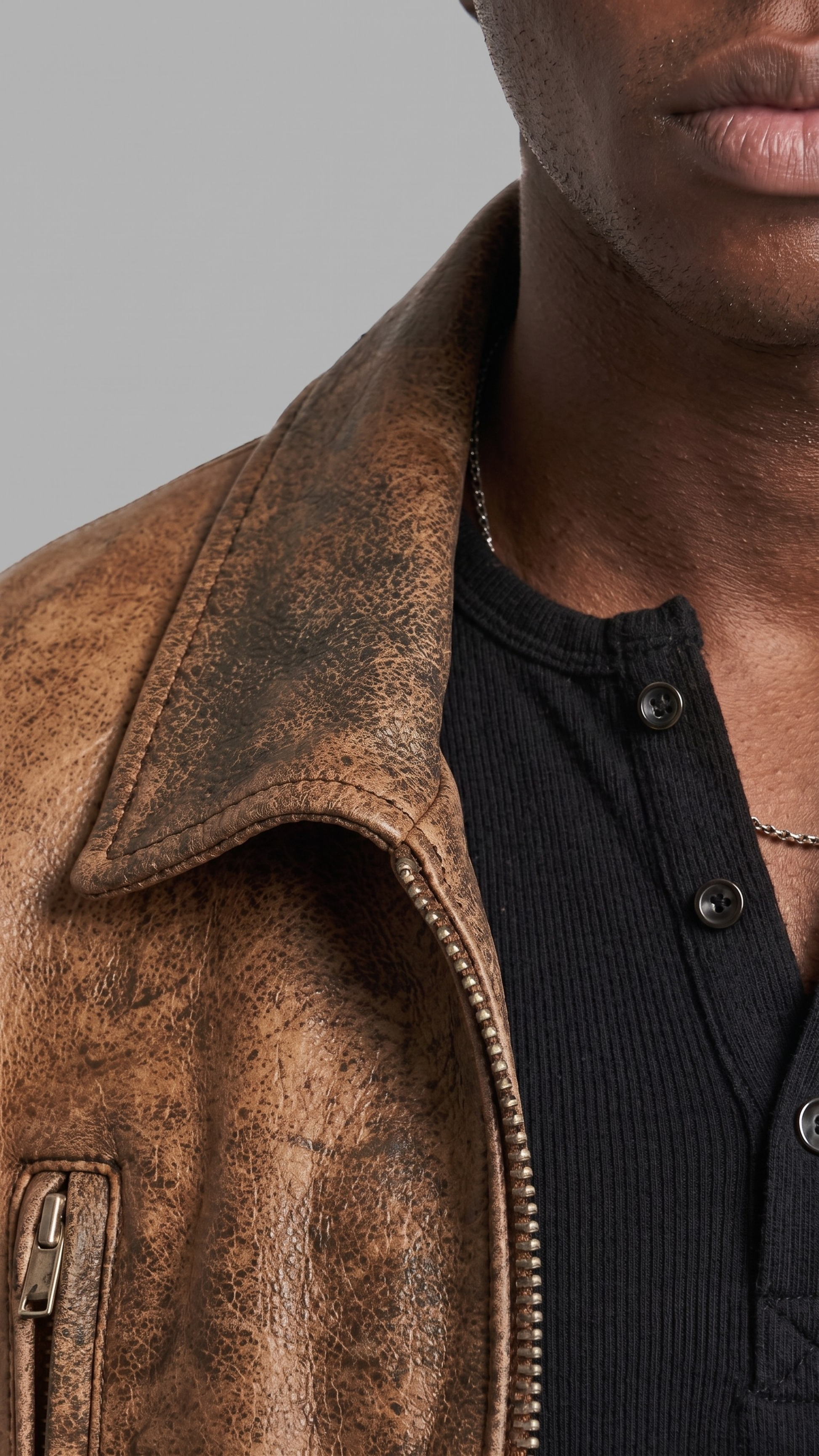 Close-up shot of the rugged texture and authentic fading on a light brown distressed leather coat.