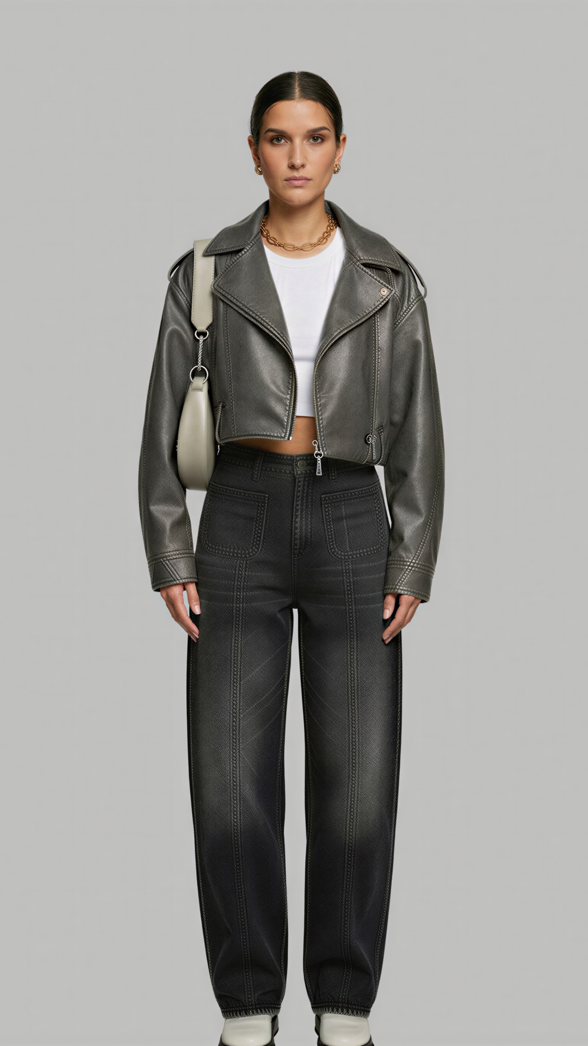 GREY LEATHER BIKER JACKET