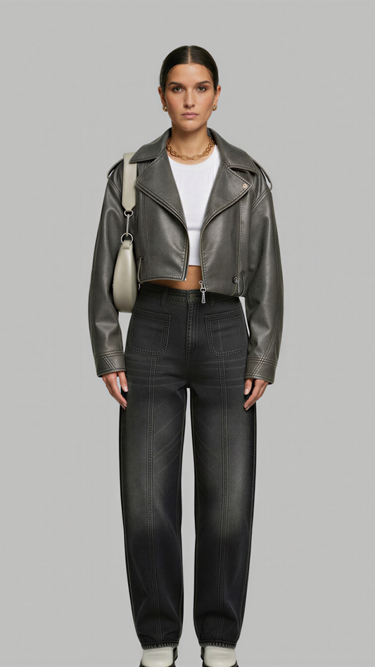 GREY LEATHER BIKER JACKET