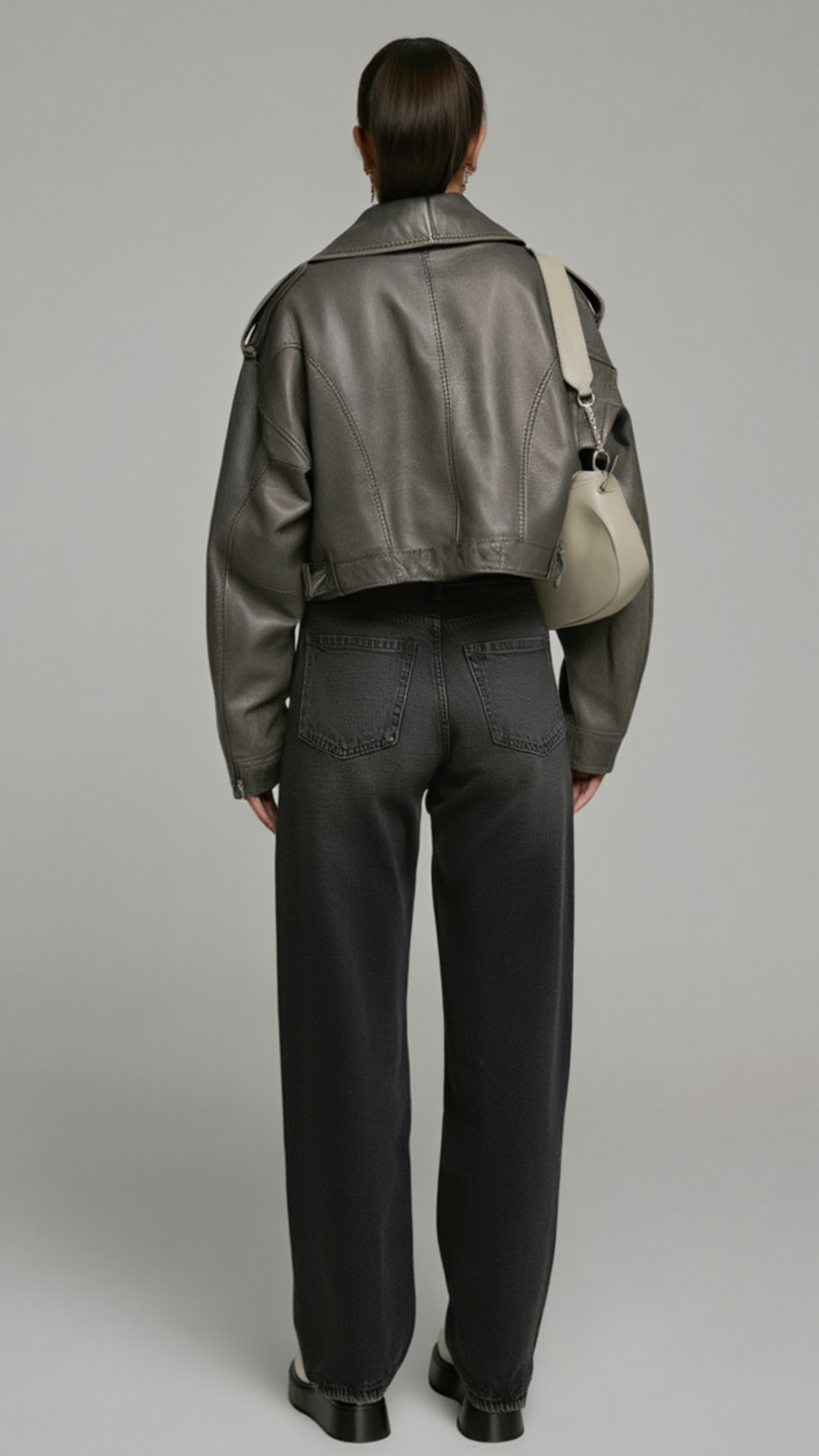 GREY LEATHER BIKER JACKET