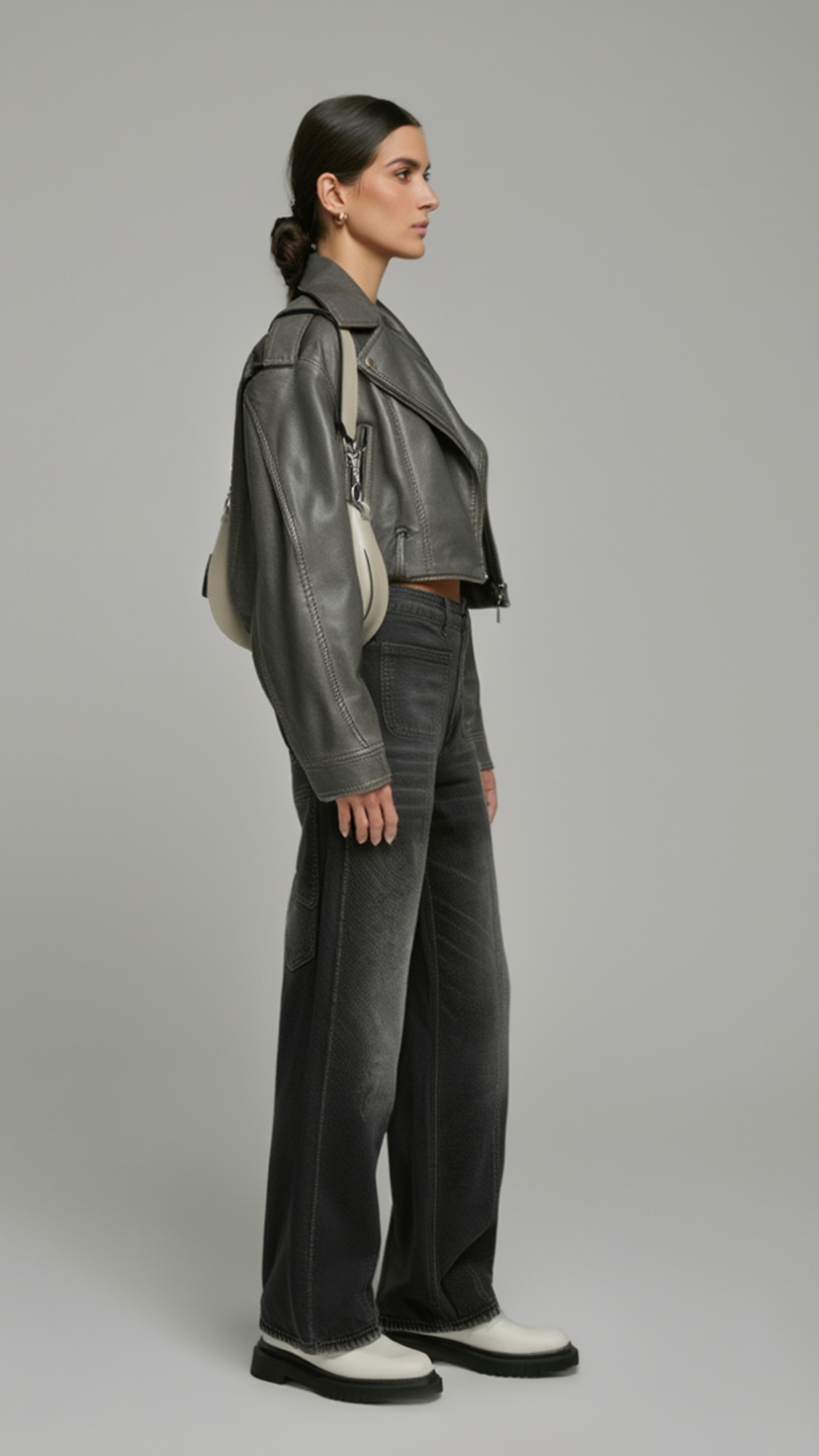 GREY LEATHER BIKER JACKET