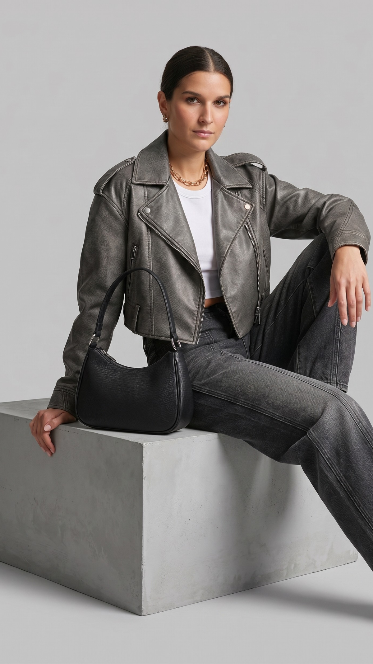 GREY LEATHER BIKER JACKET