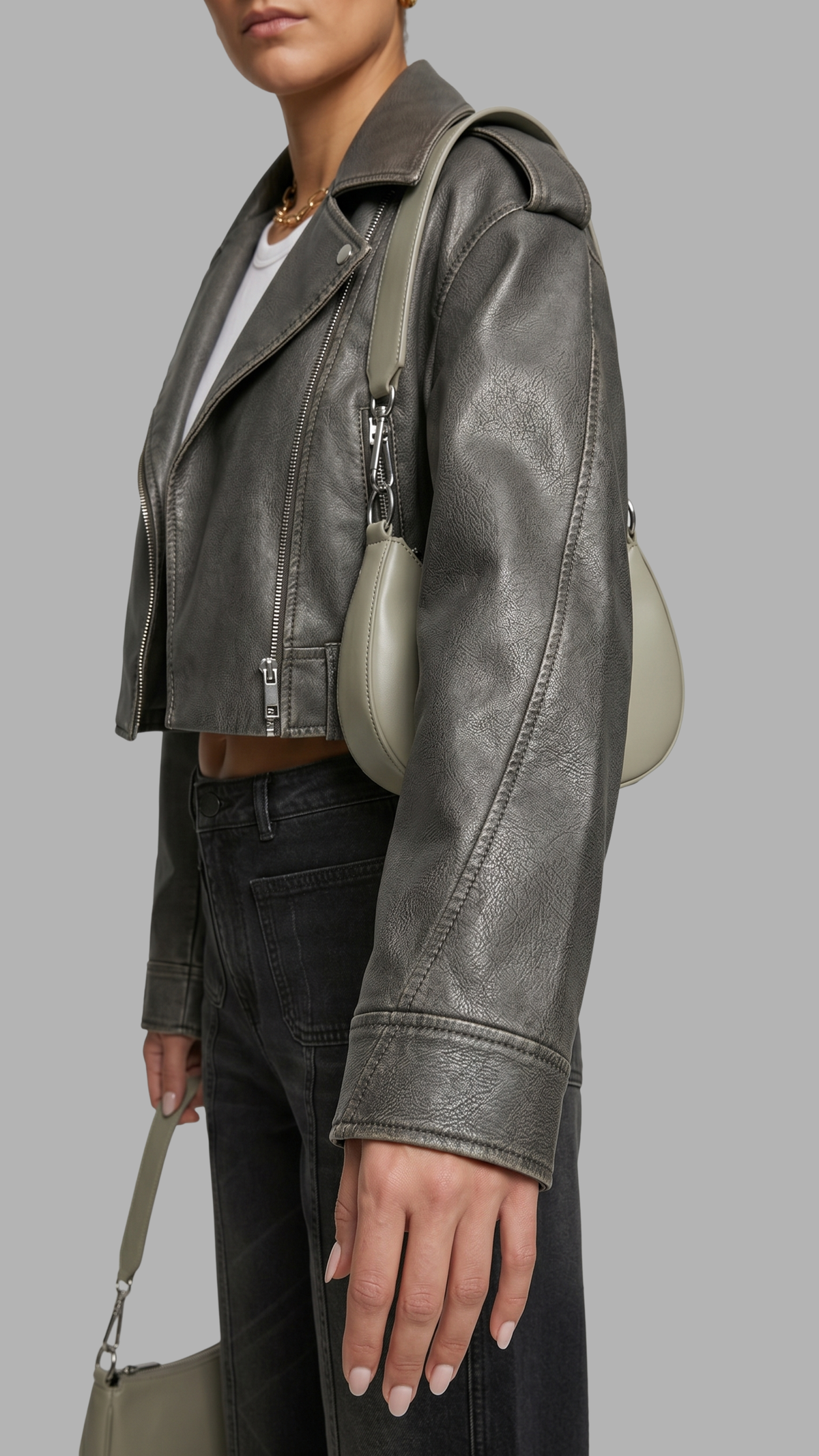 GREY LEATHER BIKER JACKET