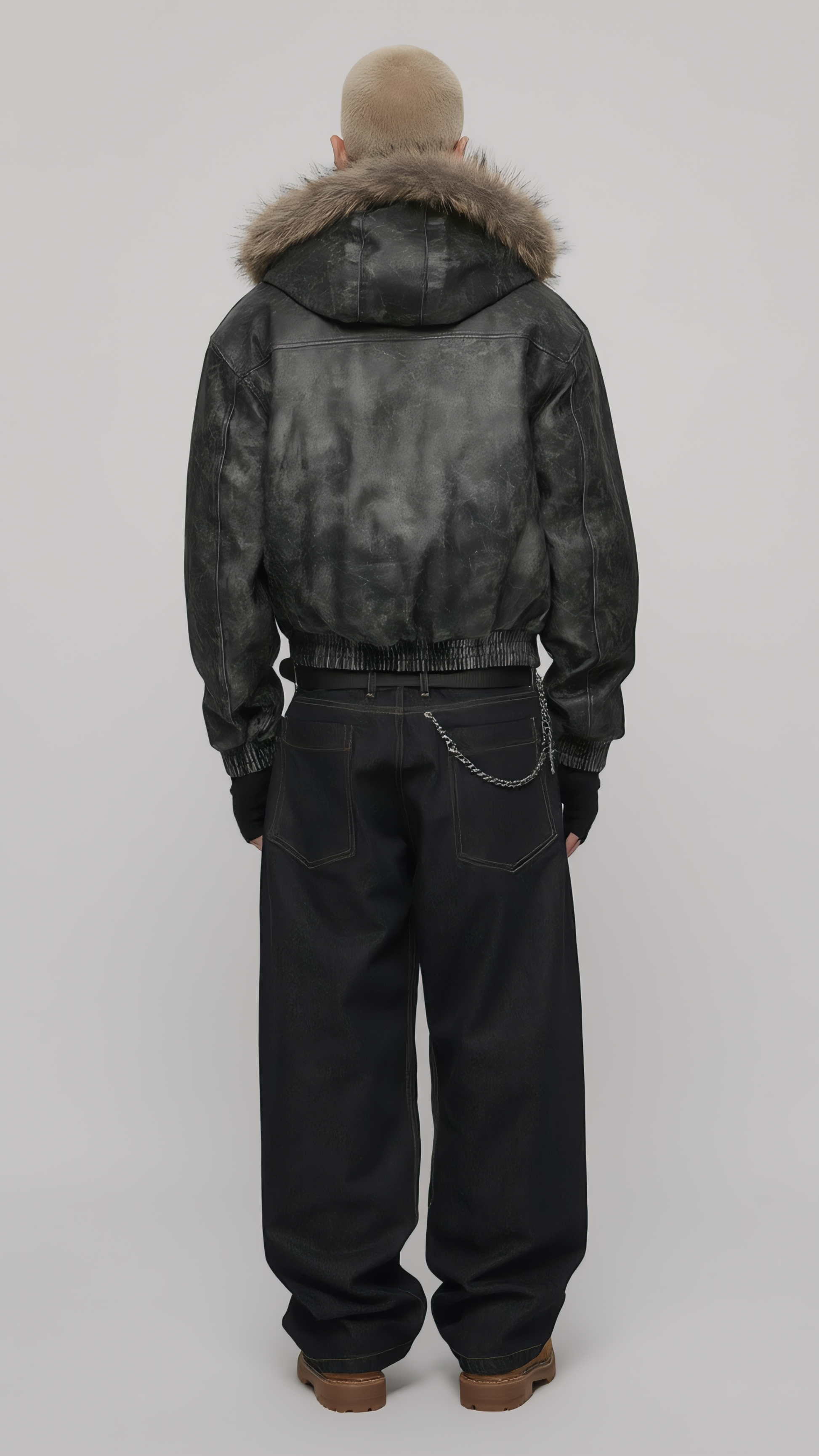 Model wearing a black distressed leather jacket with fur hood styled for a cyber Y2K fashion lookbook.
