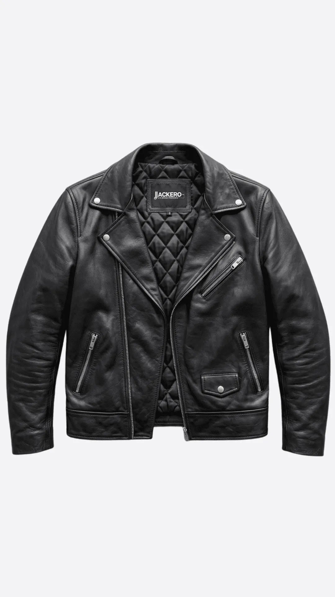 JACKERO black leather biker jacket with wide snap-button lapels, silver metal zippers, multiple secure pockets and a quilted inner panel displaying the branded neck label, highlighting its distinctive motorcycle-inspired design and detailed construction.