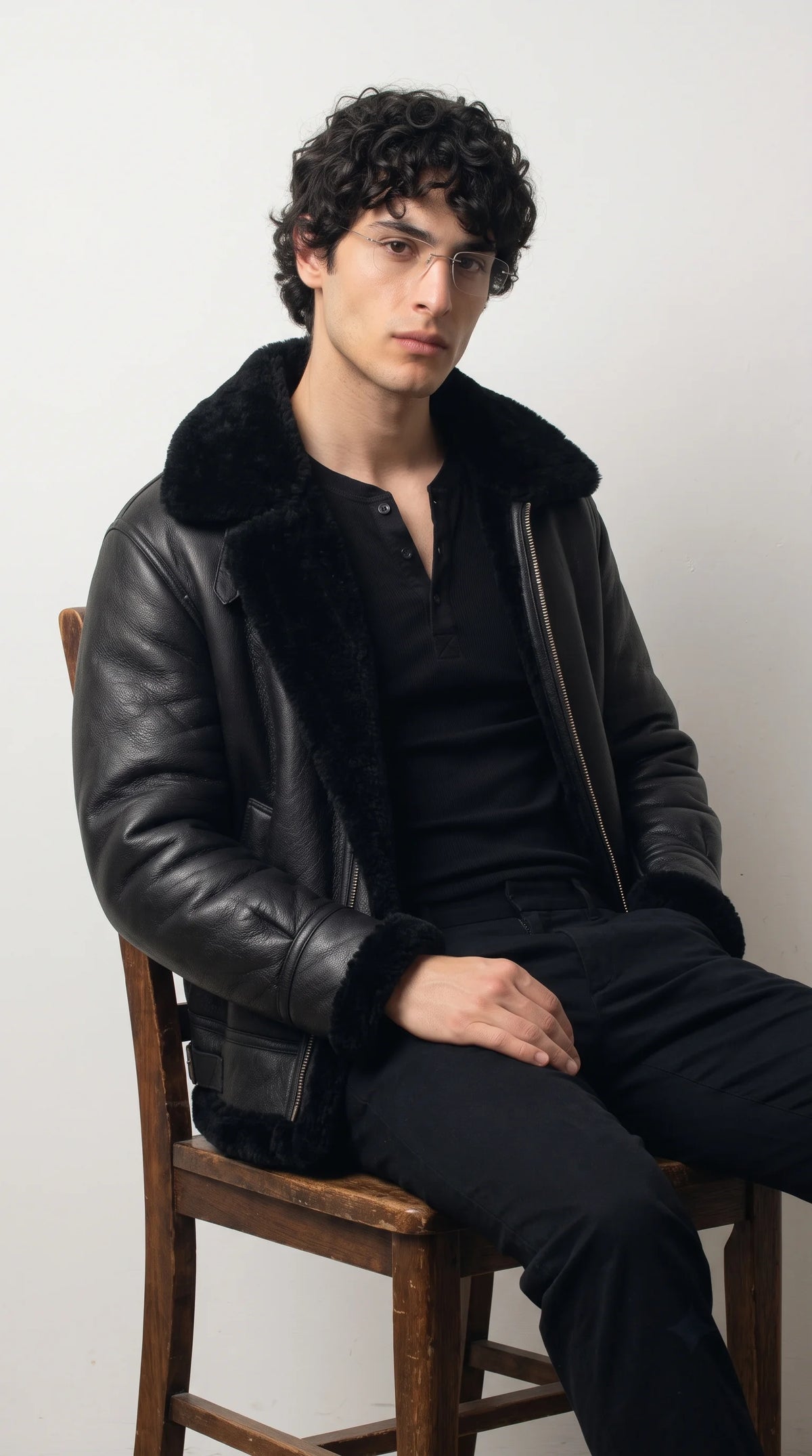 JACKERO black leather shearling aviator jacket styled with a black ribbed henley and tailored black trousers, featuring a plush oversized collar, turned shearling cuffs and a relaxed fit for refined monochrome winter fashion.