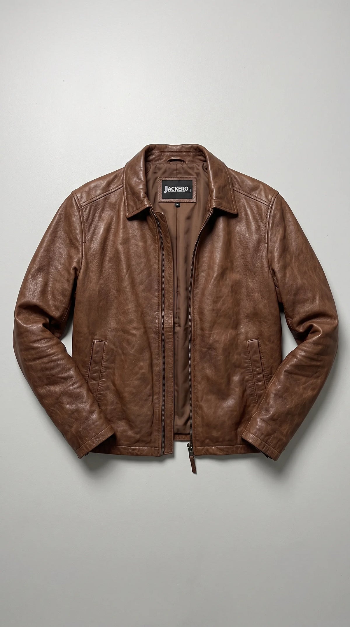 JACKERO chestnut-brown genuine leather jacket displayed open to reveal its matching brown inner lining and signature neck label, with a pointed collar, metal front zipper, textured leather exterior and two side-entry waist pockets for a clean premium presentation.