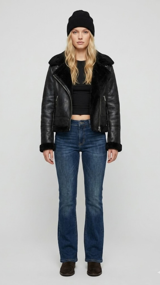 Premium black leather jacket featuring a contrasting white faux shearling collar by Jackero, clean studio front shot.