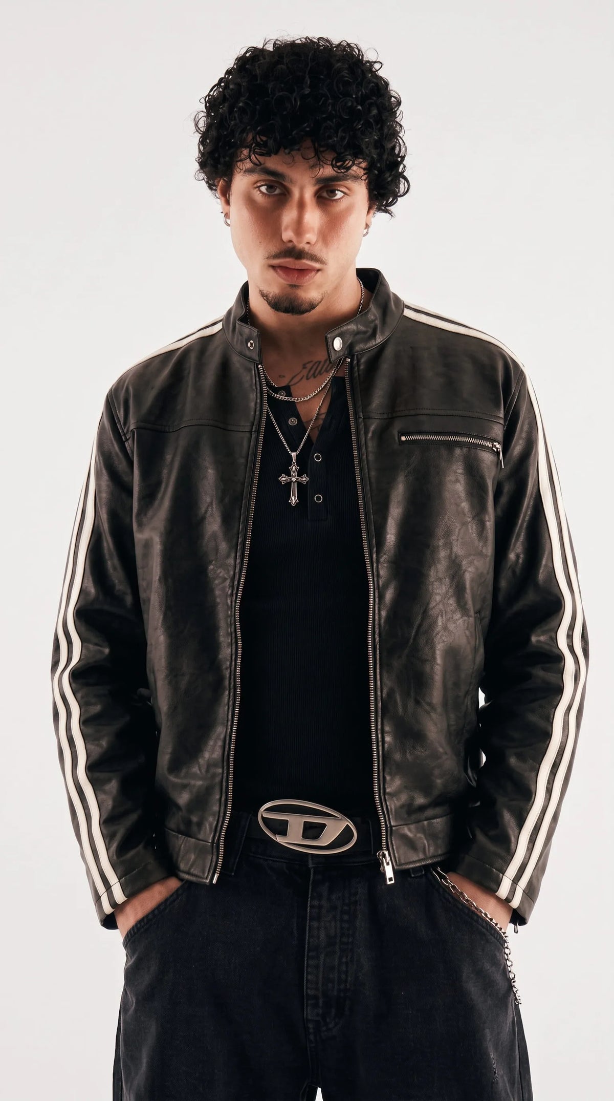 Channel a timeless urban aesthetic with the Jackero classic black cafe racer leather jacket, delivering a sleek and engaging streetwear look for the modern trendsetter.