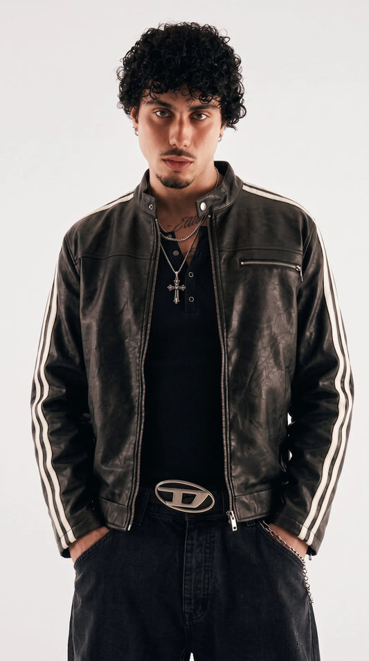 Channel a timeless urban aesthetic with the Jackero classic black cafe racer leather jacket, delivering a sleek and engaging streetwear look for the modern trendsetter.