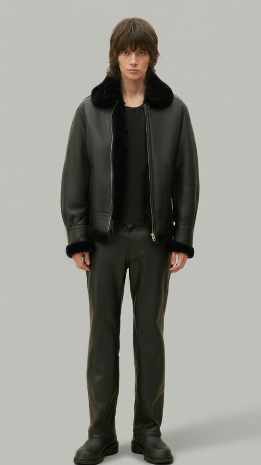 Dark black leather jacket by jackero with a plush white shearling collar shown from the front view.