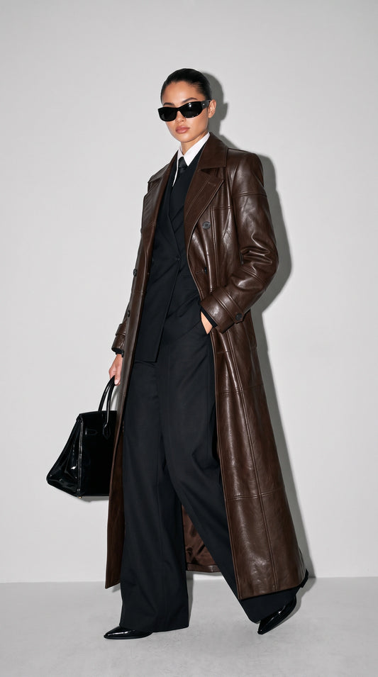 Command attention in the urban jungle with the Jackero dark chocolate brown long leather trench coat, offering a sleek, bold streetwear aesthetic for dedicated fashion enthusiasts.
