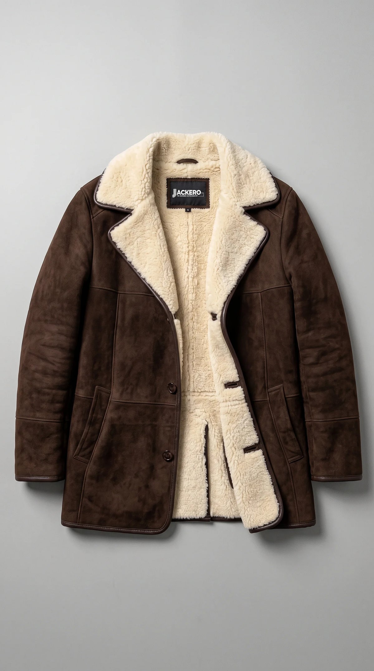 JACKERO dark chocolate-brown genuine suede aviator coat displayed open to showcase its plush cream faux-shearling interior and signature neck label, with wide notched lapels, tonal button closures, dark contrast piping and two side waist pockets for a distinctive heritage-luxury finish.