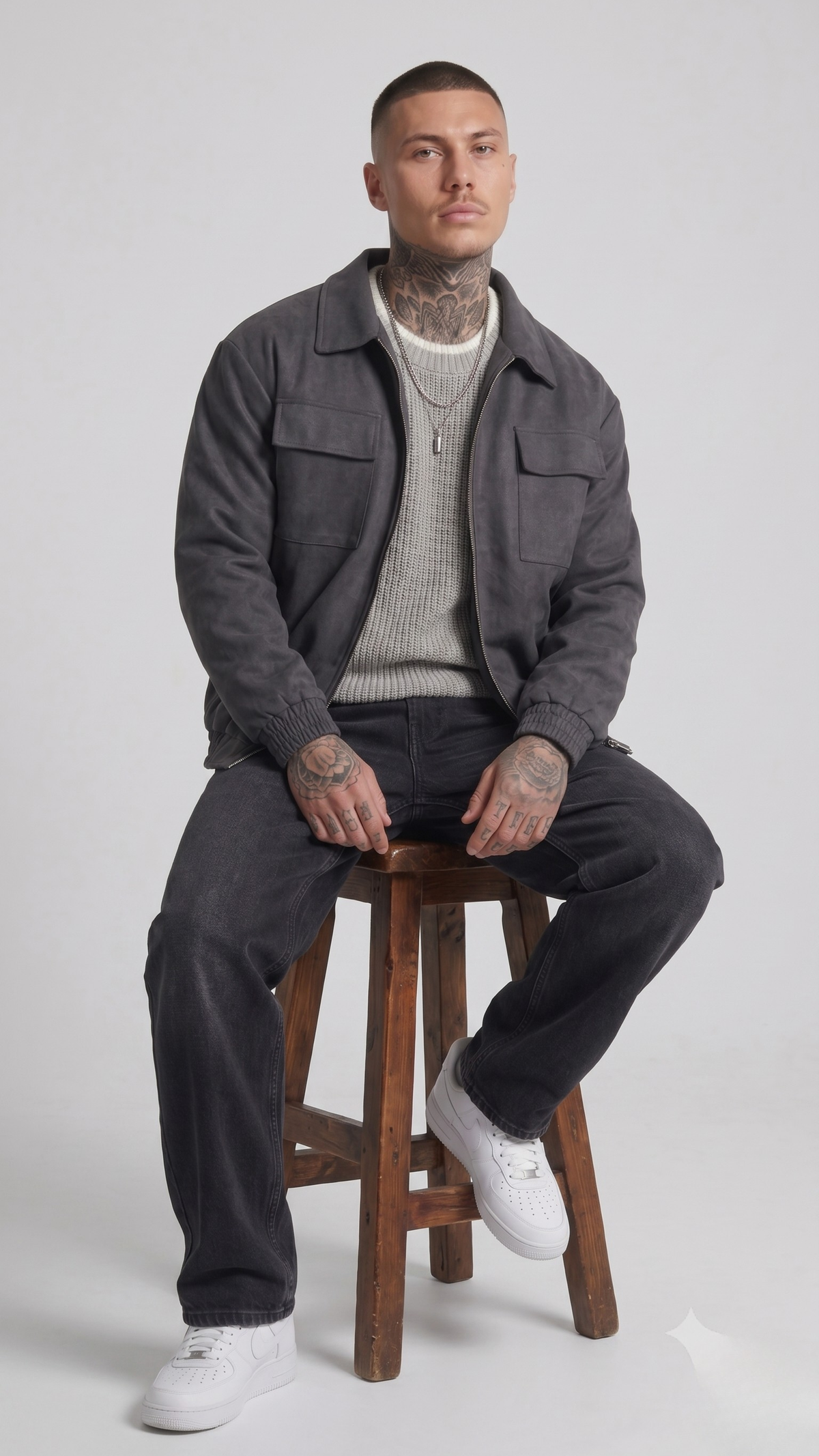 Man sitting on a wooden stool wearing a gray suede jacket, sweater, and jeans against a white background