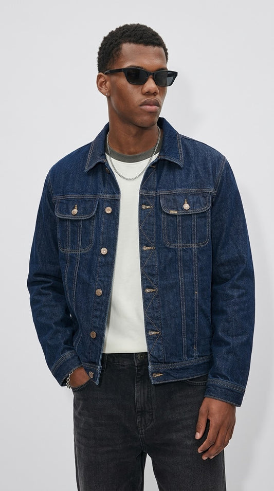 everyday urban wardrobe with the Jackero dark indigo denim jacket, a premium streetwear essential that brings an engaging and sleek aesthetic to any casual outfit.
