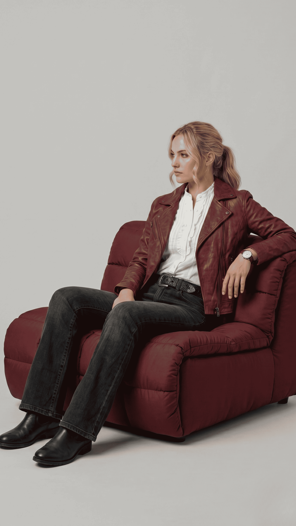 Edgy urban streetwear fashion statement featuring a luxury maroon leather riding jacket, perfect for night outs and casual styling.